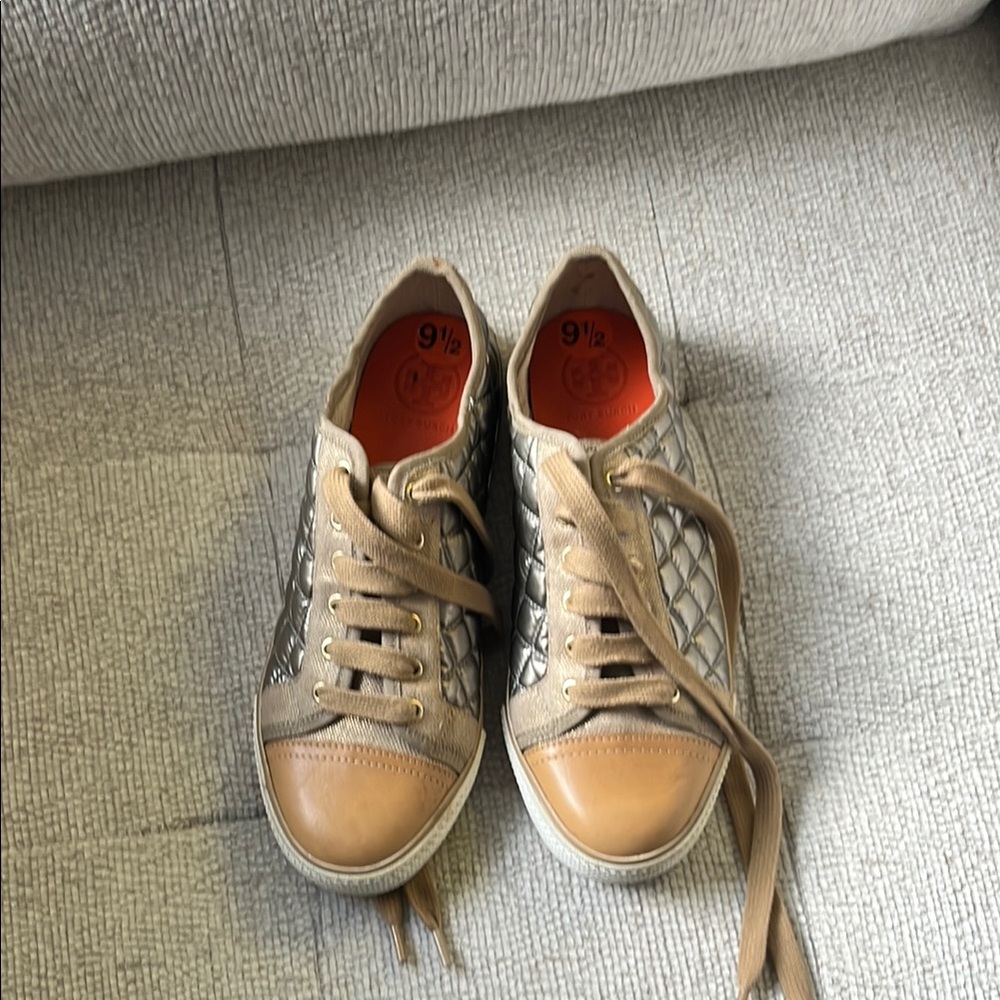 Tory Burch Stylish Tan and Silver Women's Sneakers